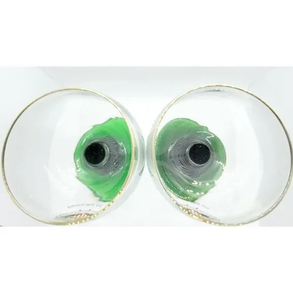 Vtg 2 Wine Glass Goblet Gold Trim Green Swirl Stem Engineers Oberammerg Germany - Picture 6 of 7